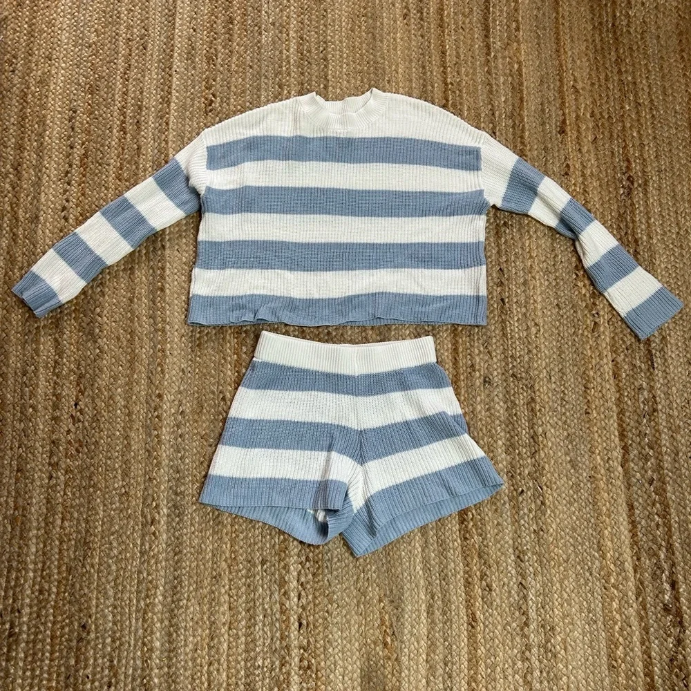 Striped Knit Lounge Set - Cream & Light Blue